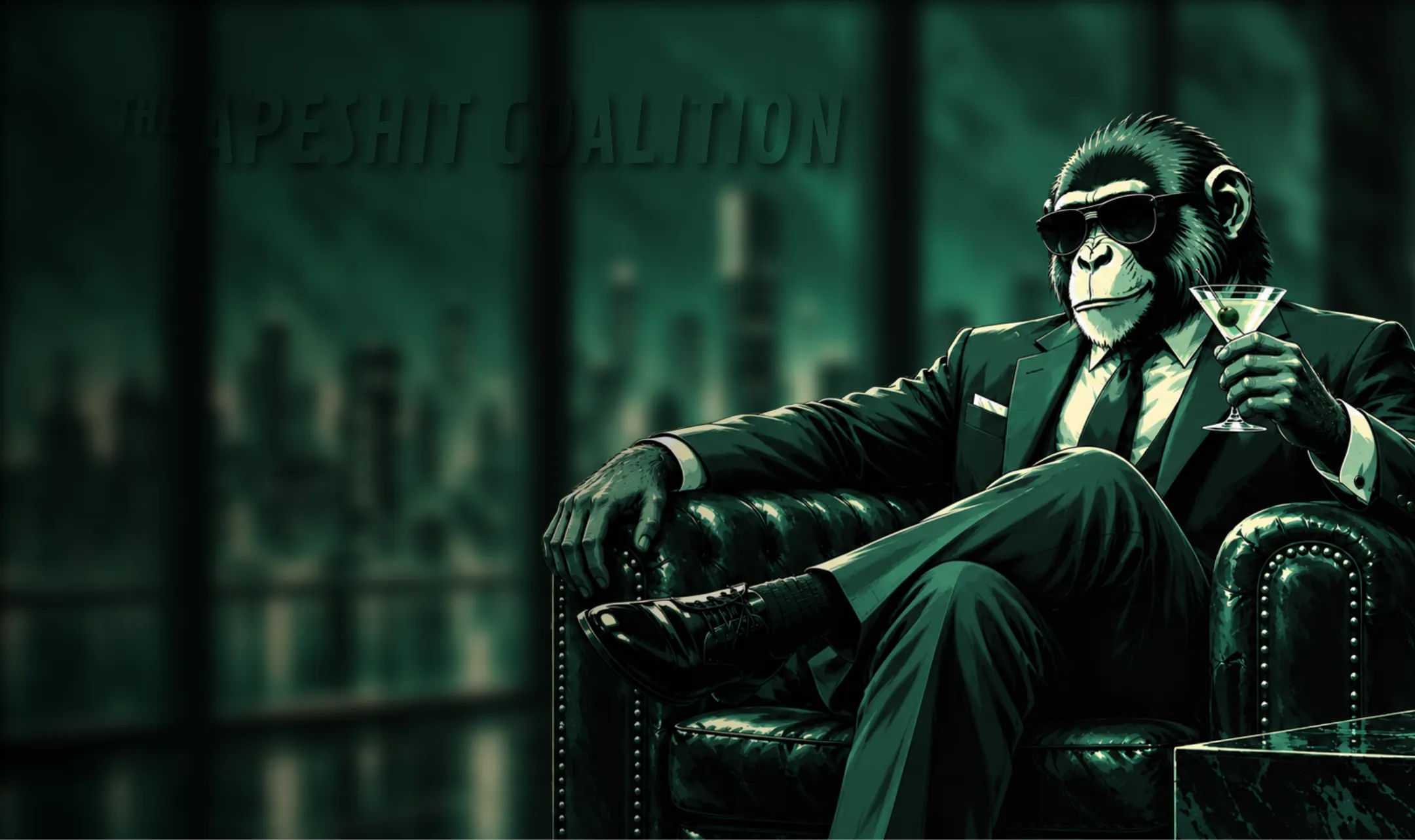 A suited ape in sunglasses lounges in a leather chair with a martini