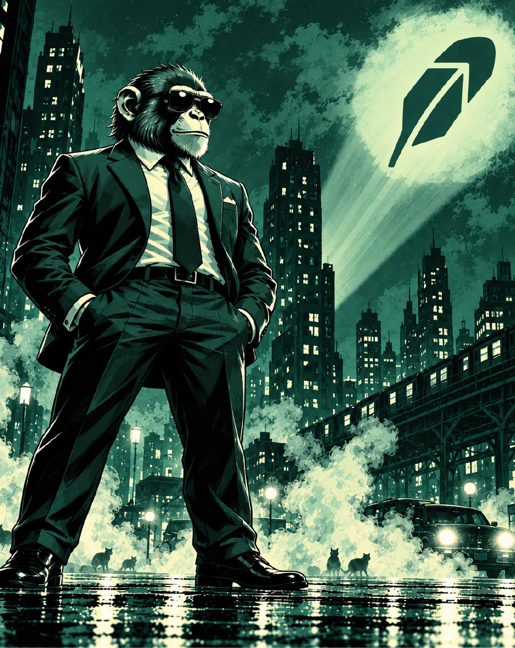 The ape in a suit at night beside a glowing Robinhood feather