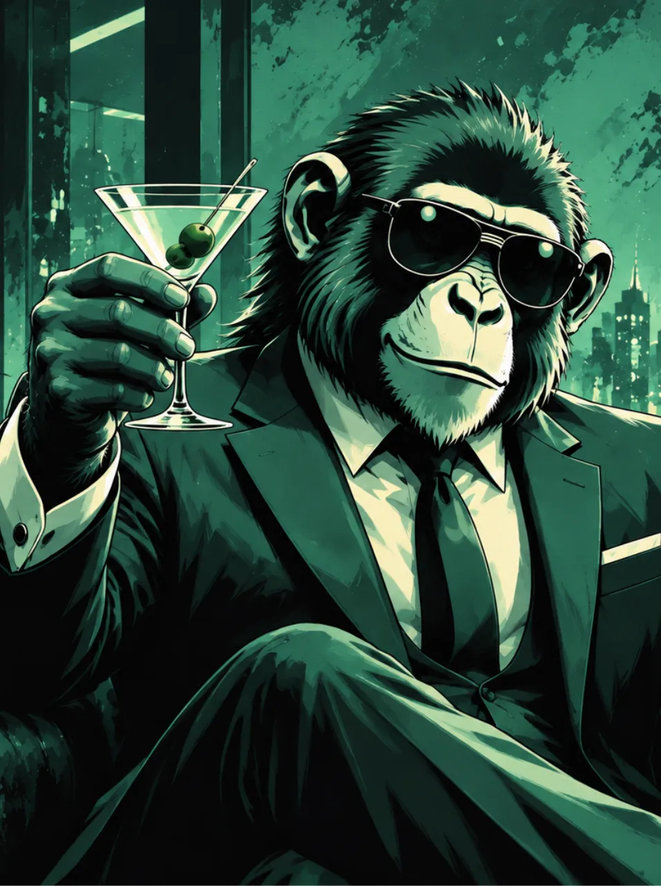 The ape in a suit raises a martini