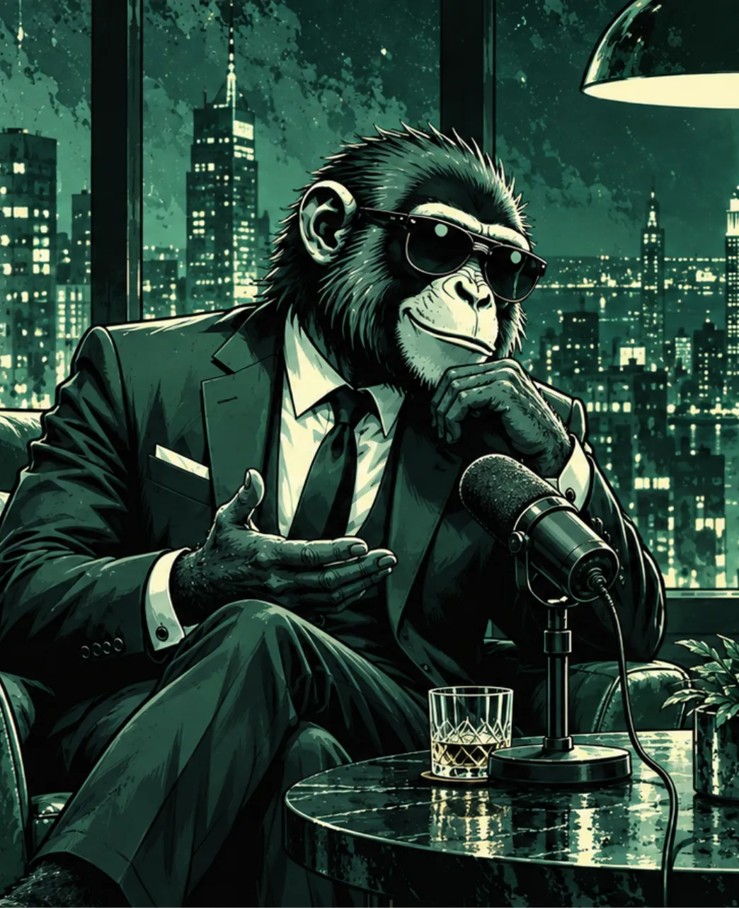 The ape at a podcast microphone in a city-view lounge